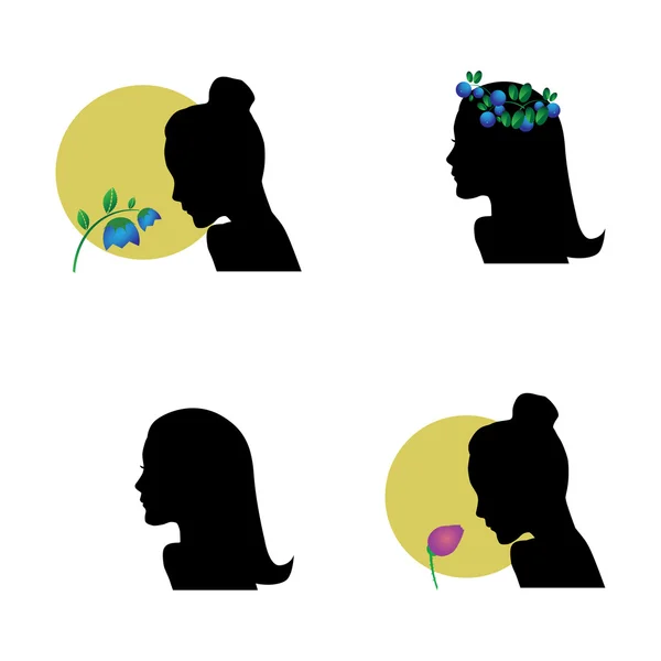Patru siluete ale unei tinere fete cu fructe de padure si flori — Vector de stoc
