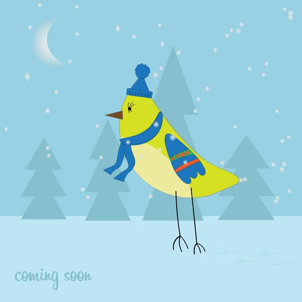 Oiseau de dessin animé jaune marchant sur la neige. inscription viendra bientôt — Image vectorielle