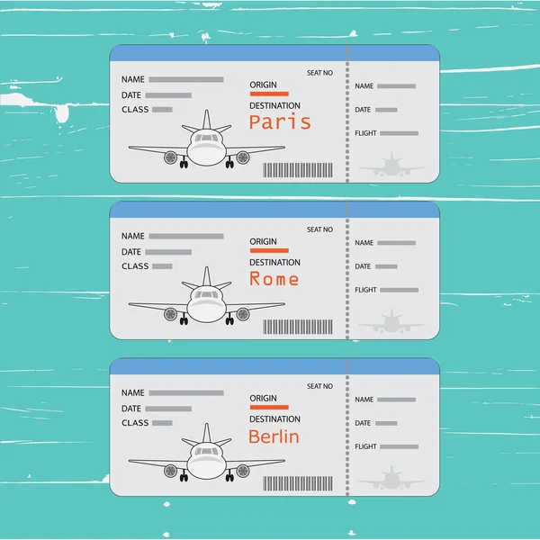 Billetes de avión con punto de llegada. Nombres de ciudades París, Berlín o Roma — Archivo Imágenes Vectoriales