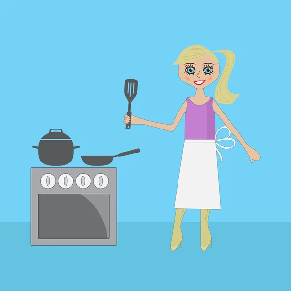 Blond dziewczyna przygotowuje posiłek koło tablicy — Darmowe zdjęcie stockowe