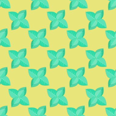 Sarı bir arka plan üzerinde geometrik parlak seamless modeli ile nane yaprakları