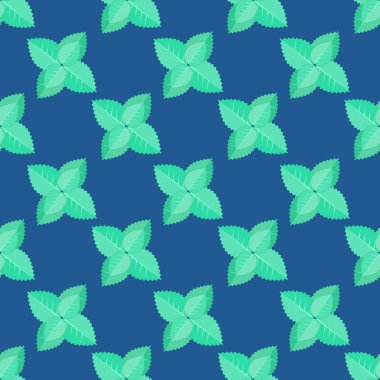 koyu mavi bir arka plan üzerinde geometrik seamless modeli ile nane yaprakları