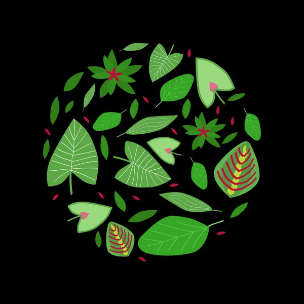 Design circulaire avec des éléments de feuilles tropicales. main dessinée. Fond noir — Image vectorielle