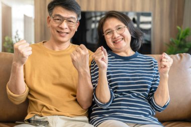 Asyalı mutlu yaşlı çift portresi rahat rahat oturun ev karantinasında keyfine bakın yeni normal yaşam tarzı, evde güçlü ve sağlıklı Asyalı yaşlılar varken evde kalın.