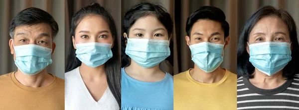 Портретна Група Багаторічної Азіатської Сім Носить Хірургічну Маску Захищає Обличчя — стокове фото