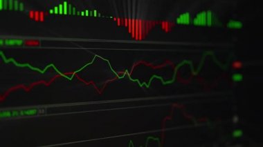 Finansal hisse senedi geçmişi, çevrimiçi ticaret kavramı: borsa ticaret kurulu, hisse senetleri, tablolar. Bilgi kağıdı grafiğinde işlemci analizi  