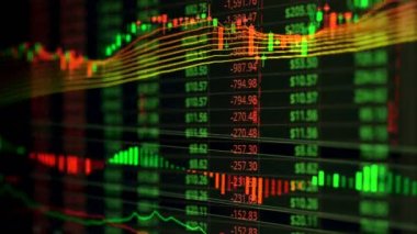 Finansal hisse senedi geçmişi, çevrimiçi ticaret kavramı: borsa ticaret kurulu, hisse senetleri, tablolar. Bilgi kağıdı grafiğinde işlemci analizi  