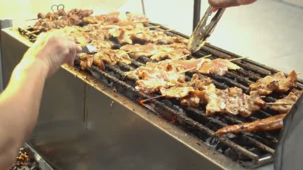 Meşhur Tayland Sokak Yemekleri Izgara Domuz Eti Ateşte — Stok video