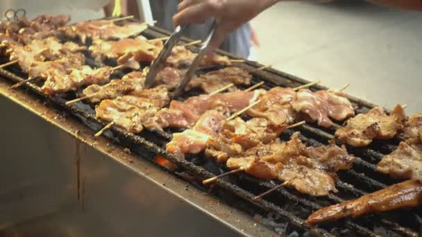 Berühmter Thailändischer Streetfood Grill Schweinefleisch Flammen — Stockvideo