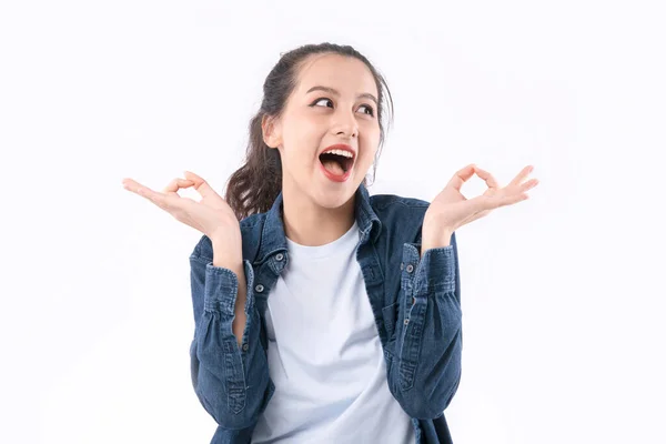 Portrait Cheerful Smile Asian Female Woman Wear Casual Cloth Smile — Stock Photo, Image