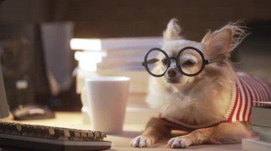 İnek Chihuahua kıdemli köpeği gözlük takıyor dizüstü bilgisayarla sıkı çalışıyor ve ev hayvanlarında bir yığın kitap çalışıyor.