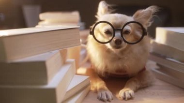 İnek Chihuahua kıdemli köpeği gözlük takıyor dizüstü bilgisayarla sıkı çalışıyor ve ev hayvanlarında bir yığın kitap çalışıyor.