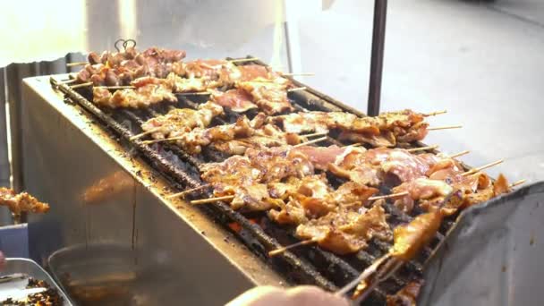 Famoso tailandia calle comida parrilla cerdo en el fuego — Vídeo de stock