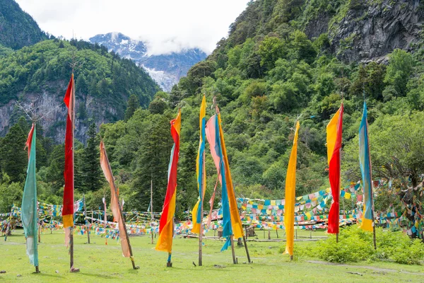 Yubeng, china - 9. August 2014: Gebetsfahne im Dorf yubeng. ein berühmtes Wahrzeichen im tibetischen Dorf deqin, yunnan, China. — Stockfoto