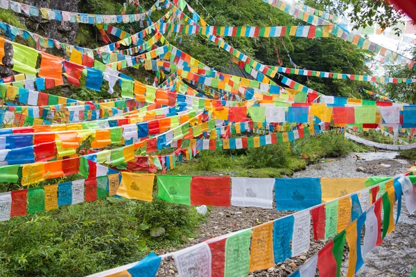 Yubeng, China - Aug 10 2014: Gebed vlag in Yubeng Village. een beroemde bezienswaardigheid in het Tibetaanse dorp van Deqin, Yunnan, China. — Stockfoto