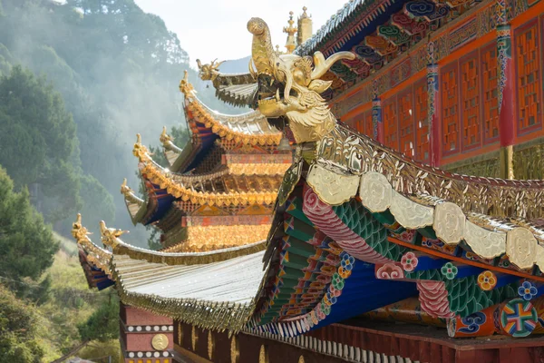 LANGMUSI, CHINA - SEP 25 2014: Roof at Sertri Gompa (Dacanglangmu Saichisi). a famous Lamasery in Langmusi, Gansu, China.