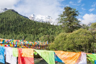 Sichuan, Çin - 24 Temmuz 2014: dua bayrağı yading tabiatı. ünlü bir manzara daocheng, sichuan, Çin.
