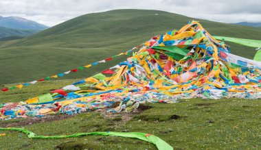 Litang, Çin - 18 Temmuz 2014: Dua bayrağı, Litang kasaba. Tibet Campania'daki Litang, Sichuan, Çin.