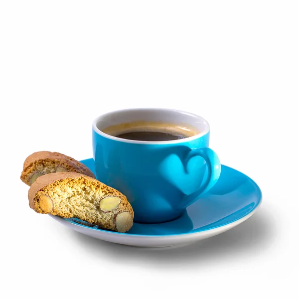 Kaffee, Cantuccini und Schatten in Herzform — Stockfoto