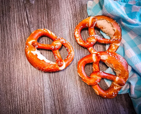 Three Delicious Bavarian Pretzels Table Top View Close — Stock Photo, Image