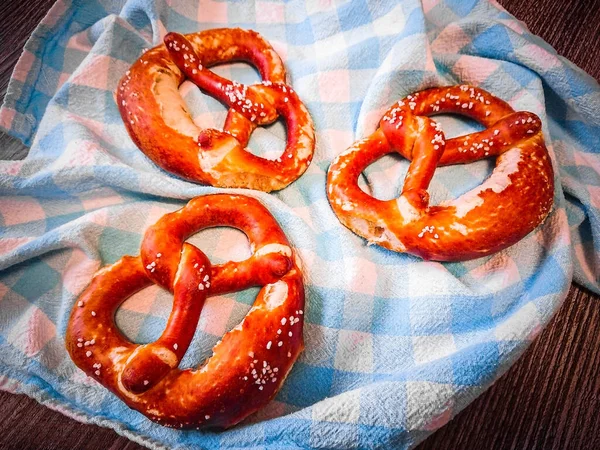 Three Delicious Bavarian Pretzels Table Top View Close — Stock Photo, Image