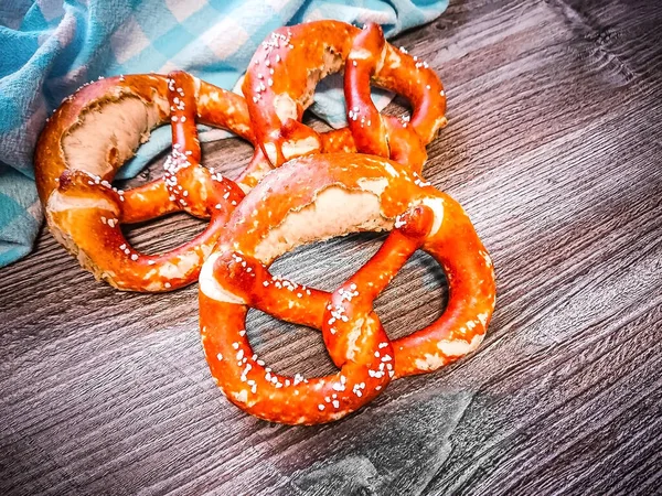 Three Delicious Bavarian Pretzels Table Top View — Stock Photo, Image