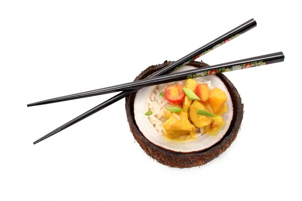 Kokosnoot curry kip met rijst en vlees, geïsoleerd — Stockfoto