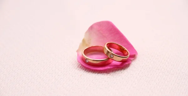 Ensemble d'anneaux de mariage sur pétale rose rose — Photo