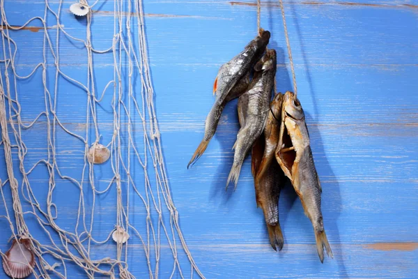 Dried rudd fish and fishing net on blue background — Stock Photo, Image