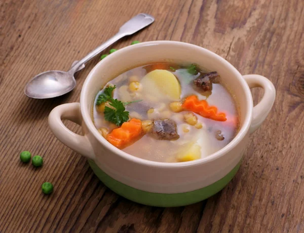 Yellow pea soup, potato and stew meat — Stock Photo, Image