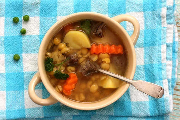 Yellow pea soup, stew meat and potato — Stock Photo, Image