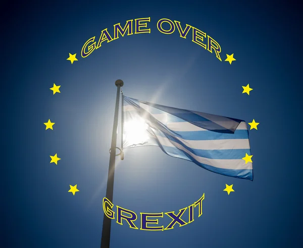 Bandeira grega e texto que o jogo sobre Grexit — Fotografia de Stock