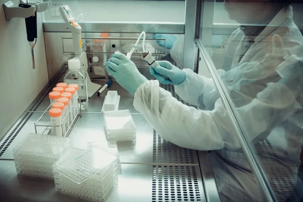 Adults laboratory technician working with multiwell pipette — Stock Photo, Image