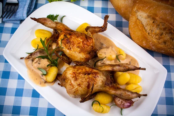 Zwei gebratene Wachteln mit Soße, Gnocchi, Rosmarin — Stockfoto