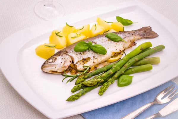 Grilled trout with rosemary potatoes, green asparagus — ストック写真