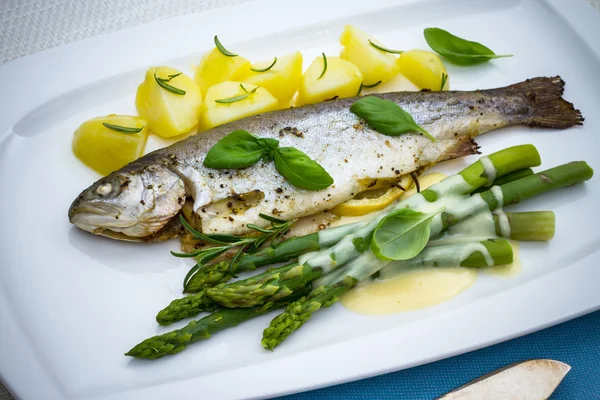 Grilled trout with green asparagus and rosemary potatoes — Stock Photo, Image