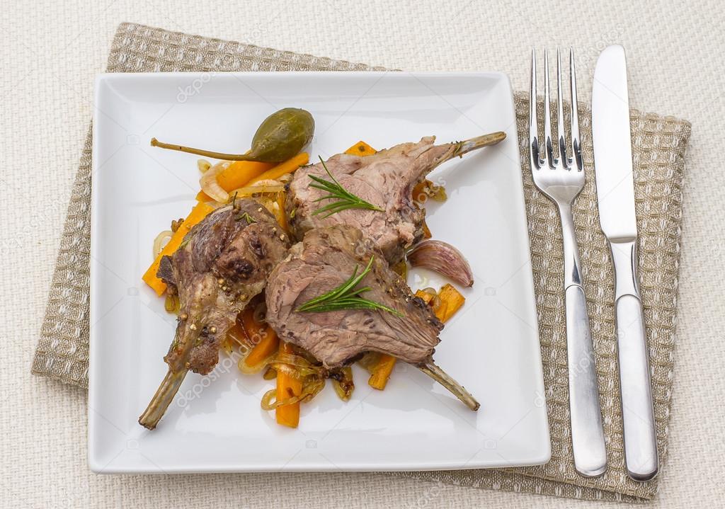 Grilled racks of lamb with carrot, capers