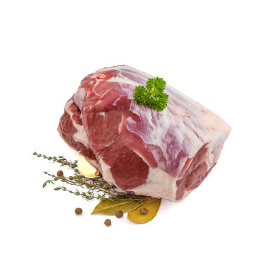 Raw lamb leg with bone, spices clipart
