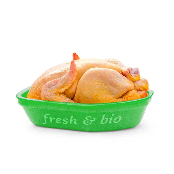Corn-fed chicken in green packaging tray — Stock Photo, Image