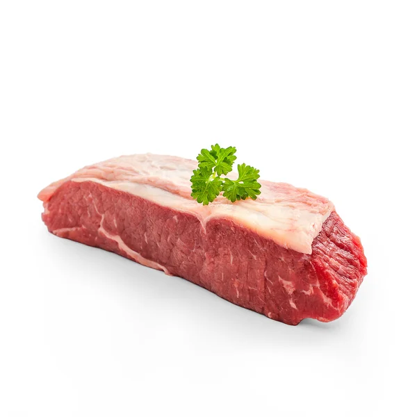 Raw rump steak with parsley twig isolated — Stock Photo, Image