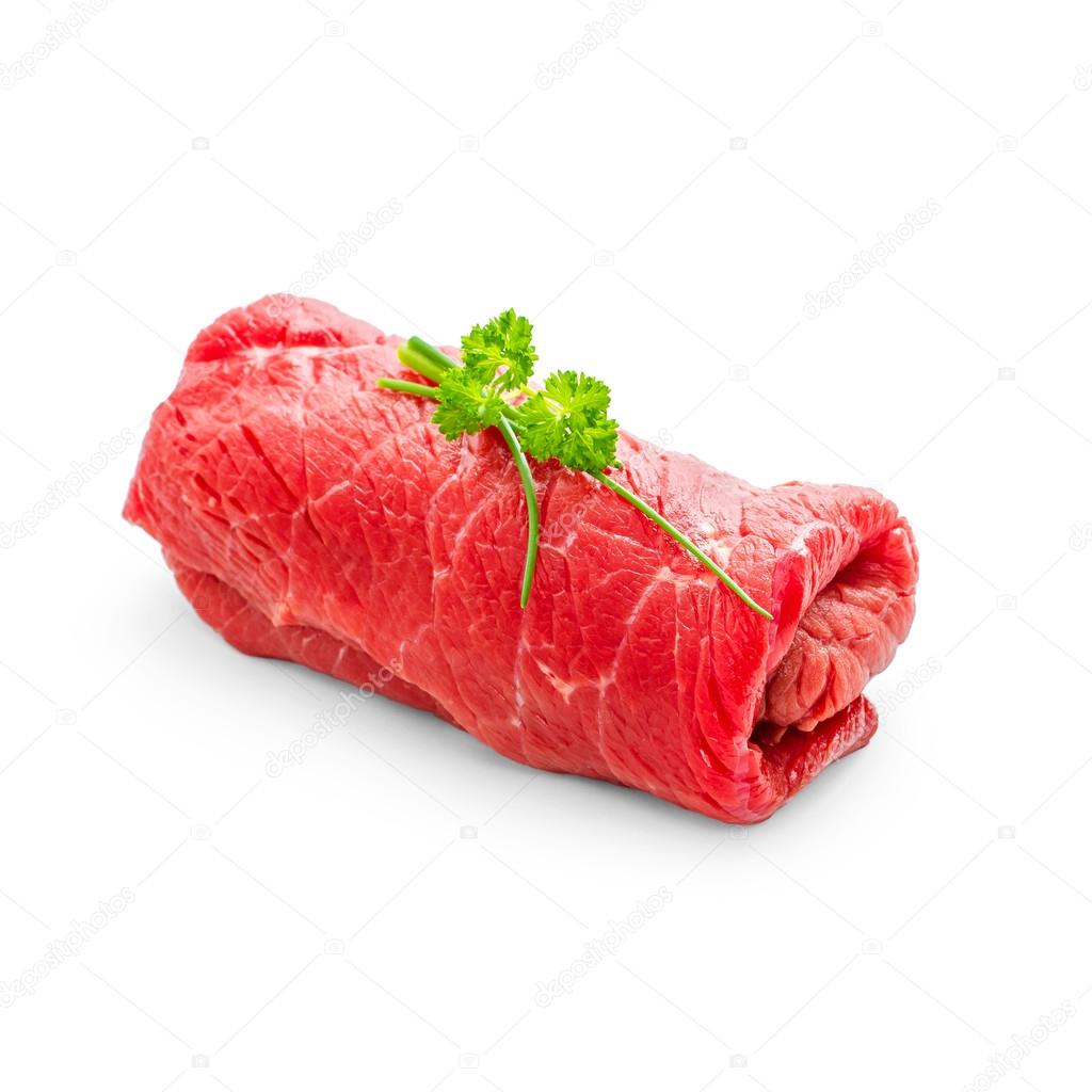 Juicy raw beef rouladen on white