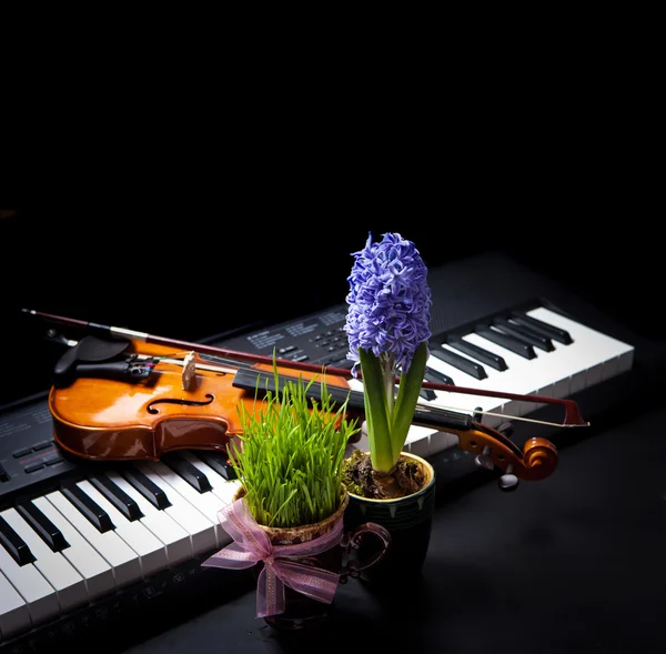 Müzik arka plan bahar çiçekleri ile — Stok fotoğraf