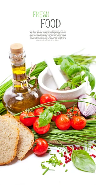 Olive oil with Cherry Tomatoes, chives and peppers — Stock Photo, Image