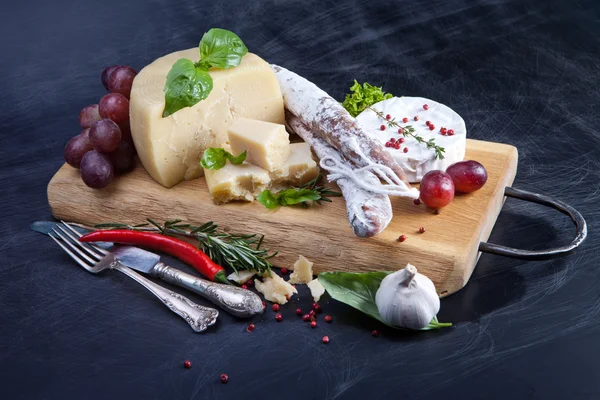 Various cheeses and salami — Stock Photo, Image