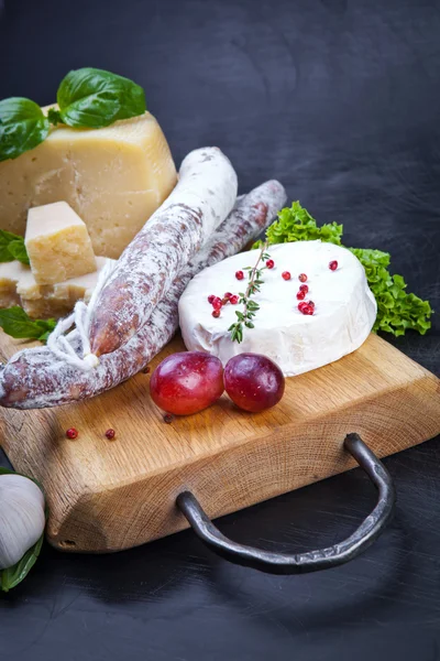 Various cheeses and salami — Stock Photo, Image