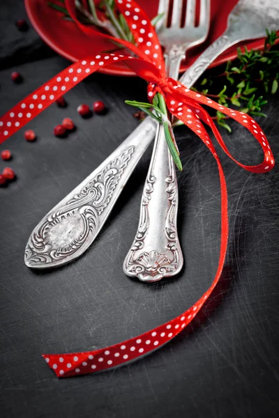 Two forks  with red ribbon. — Stok fotoğraf