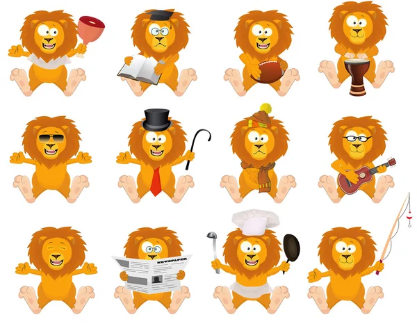 Bonito conjunto de leones de dibujos animados — Vector de stock