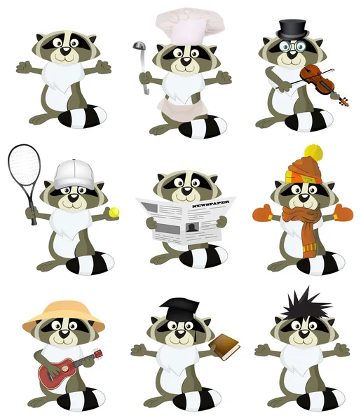 Nice set of cartoon raccoons — Stock Vector