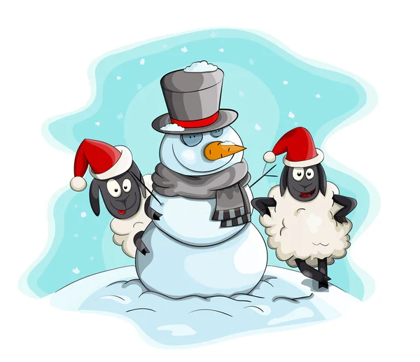 Caricature vectorielle bonhomme de neige avec moutons — Image vectorielle