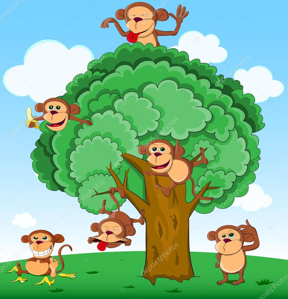 Many monkeys playing on tree